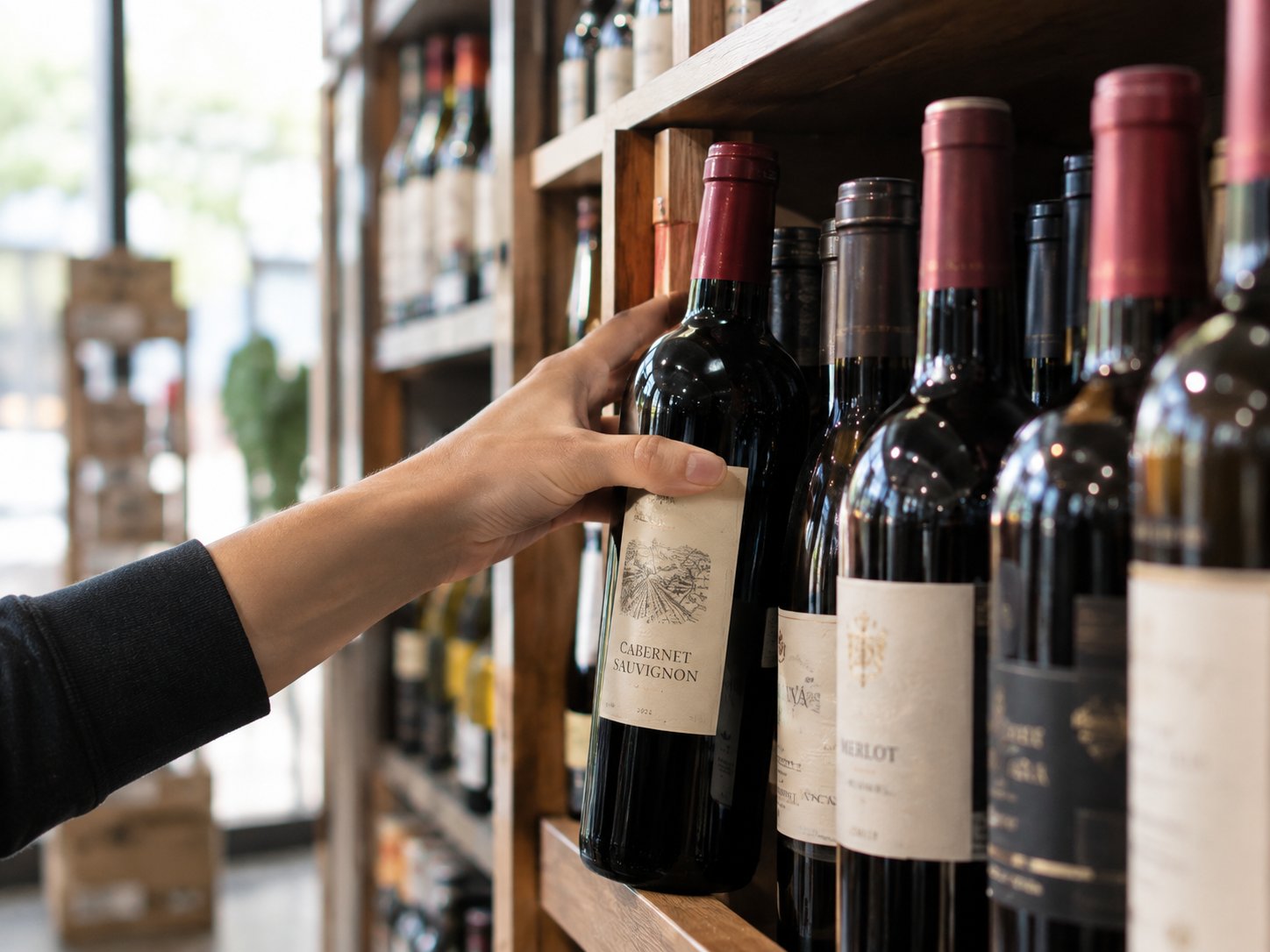 Mano tomando una botella de vino del anaquel