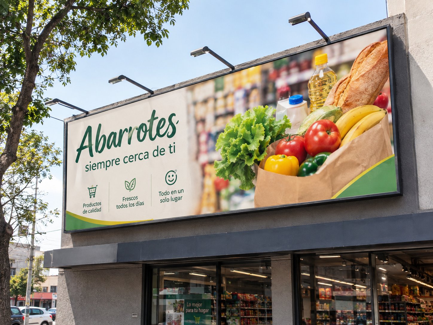 Espectacular publicitario de abarrotes en fachada de tienda